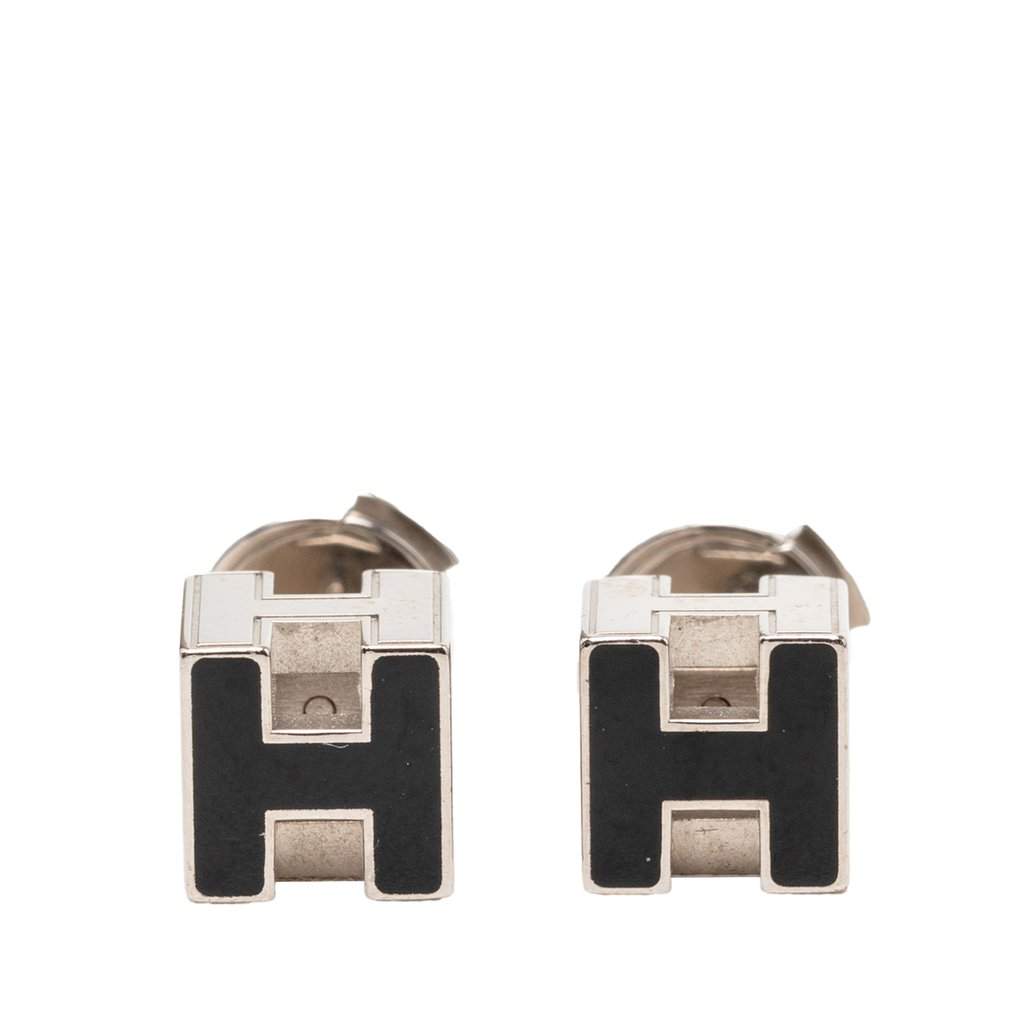 Hermès Palladium Plated Enamel Cage D H Push Back Earrings Silver Metal Very good - Front View