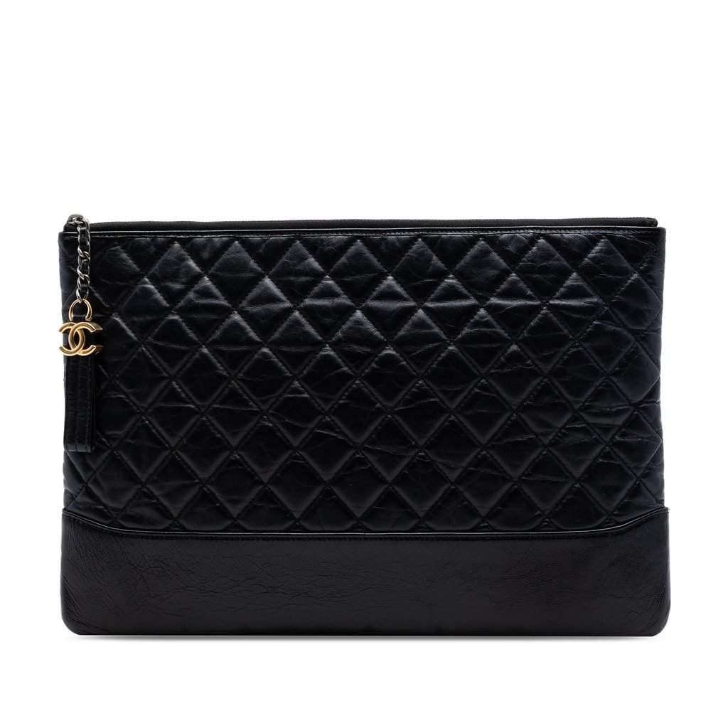 Chanel Large Aged Calfskin Gabrielle O Case Clutch Black Leather Very good condition - Front View