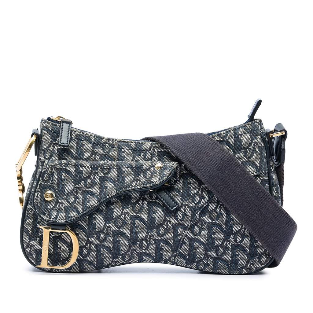 Dior Diorissimo Trotter Canvas Double Saddle Crossbody Blue Very good condition - Front View