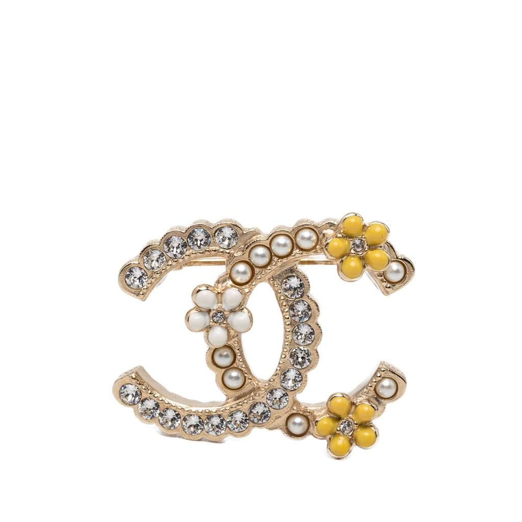 Chanel CC Gold Plated Strass Faux Pearl and Enamel Brooch Gold Metal Very good condition - Front View