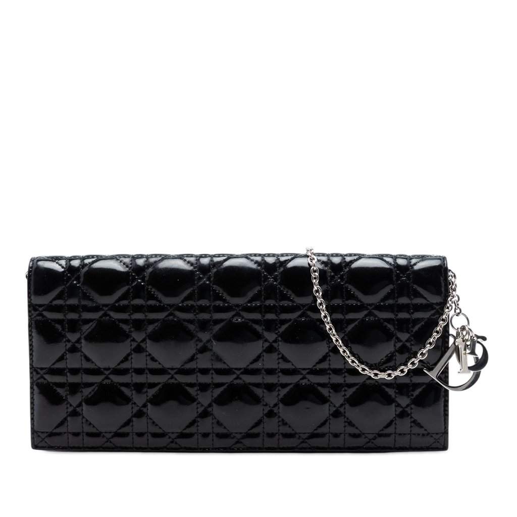 Dior Patent Cannage Lady Dior Clutch with Chain Black Leather Very good - Front View