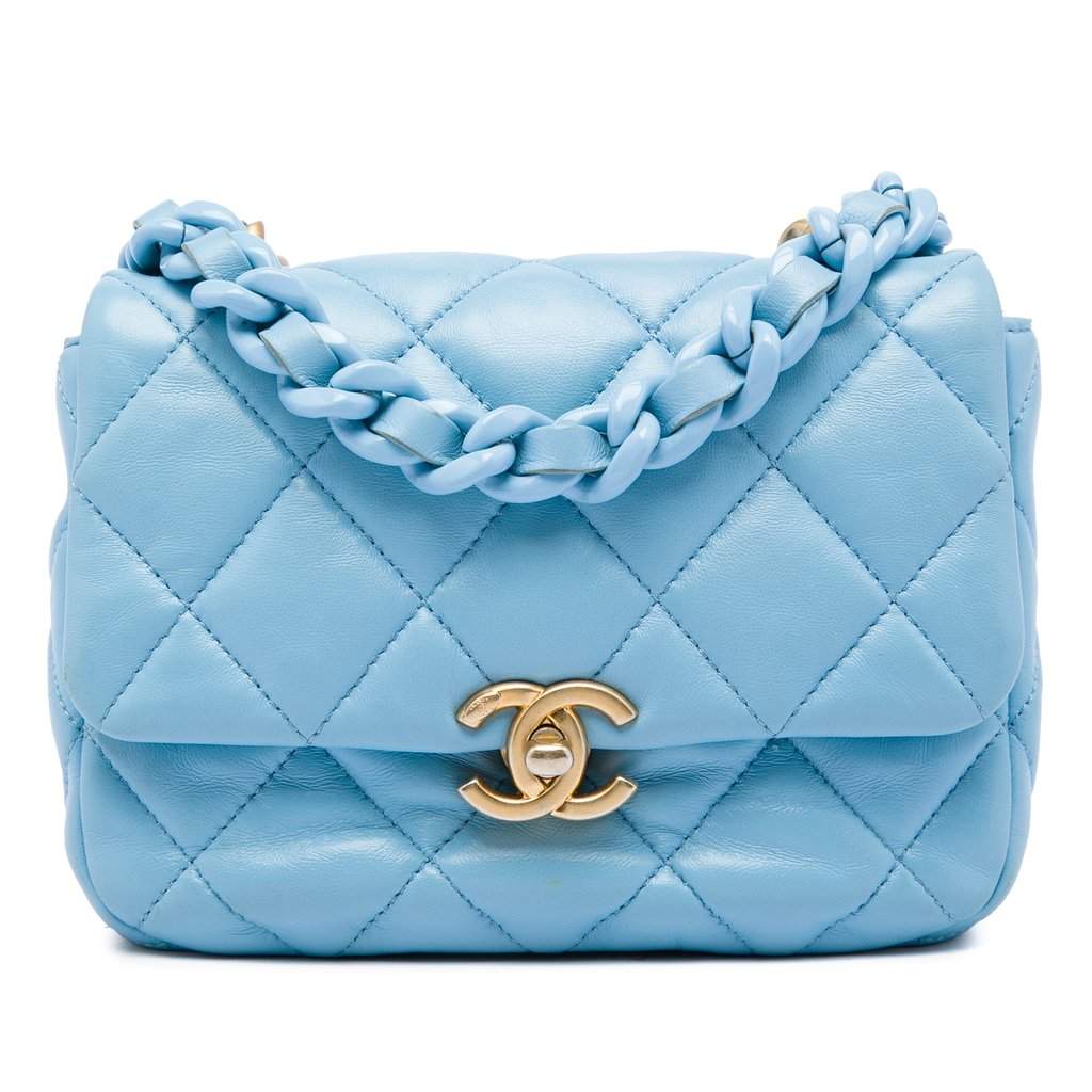 Chanel Mini Quilted Lambskin Lacquered Chain Flap Blue Leather Very good - Front View