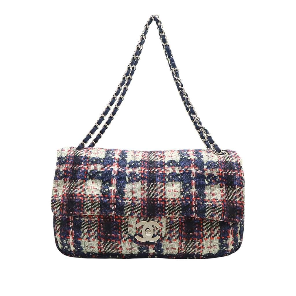 Chanel CC Tweed Print Nylon Single Flap Blue Very good condition - Front View