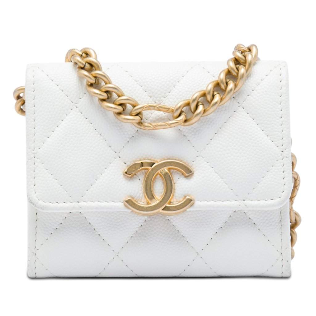 Chanel Quilted Caviar Card Holder on Chain White Leather Very good condition - Front View