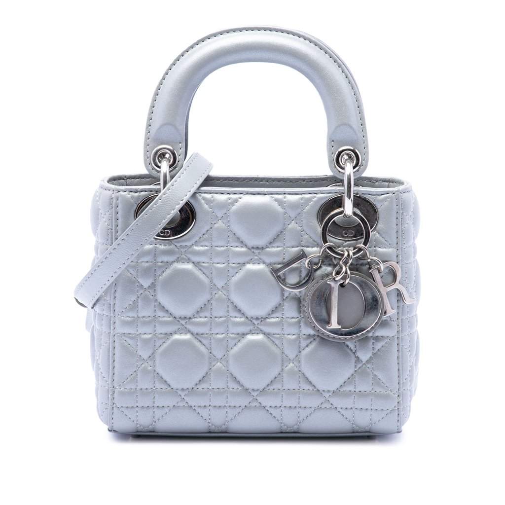 Dior Mini Iridescent Lambskin Cannage Lady Dior Silver Leather Very good - Front View