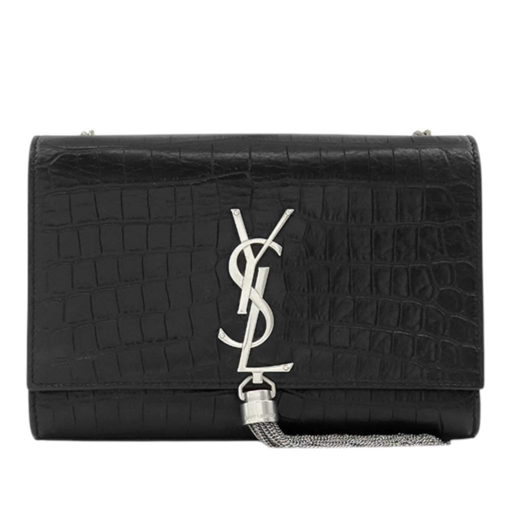 Saint Laurent Small Croc Embossed Leather Monogram Kate Tassel Crossbody Black Leather Very good - Front View
