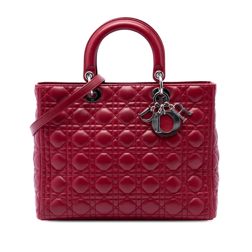 Dior Large Lambskin Cannage Lady Dior Red Leather Very good condition - Front View