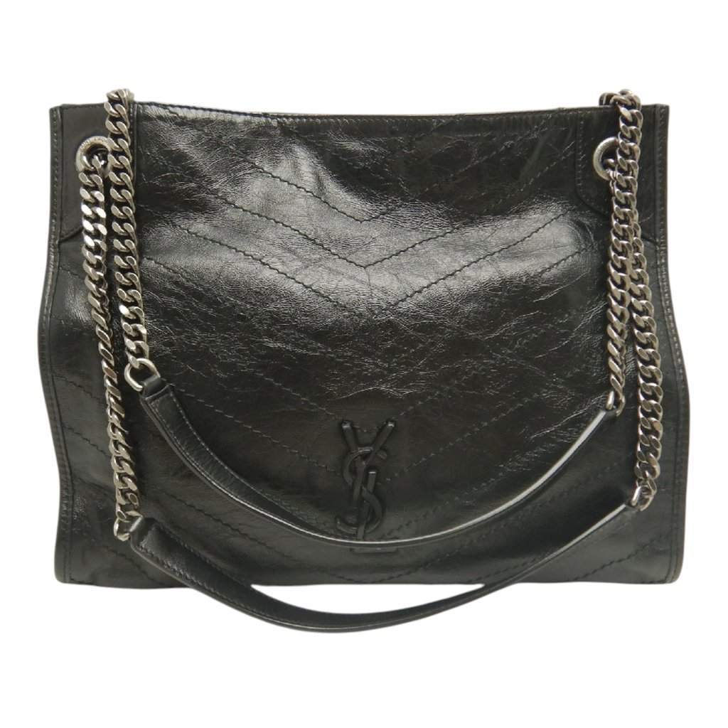 Saint Laurent Medium Crinkled Calfskin Monogram Niki Shopper Tote Black Leather Very good condition - Front View