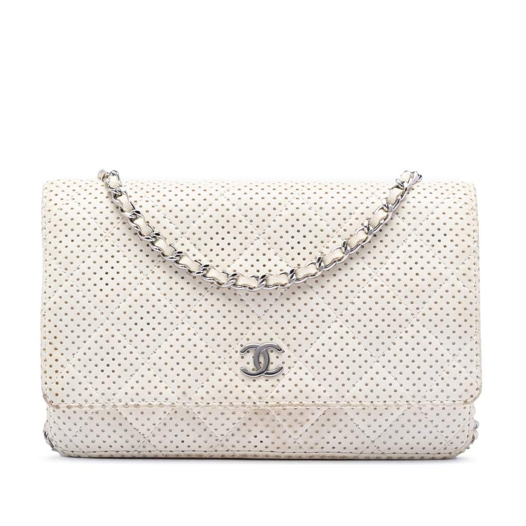Chanel CC Quilted Perforated Lambskin Wallet On Chain White Leather Very good - Front View