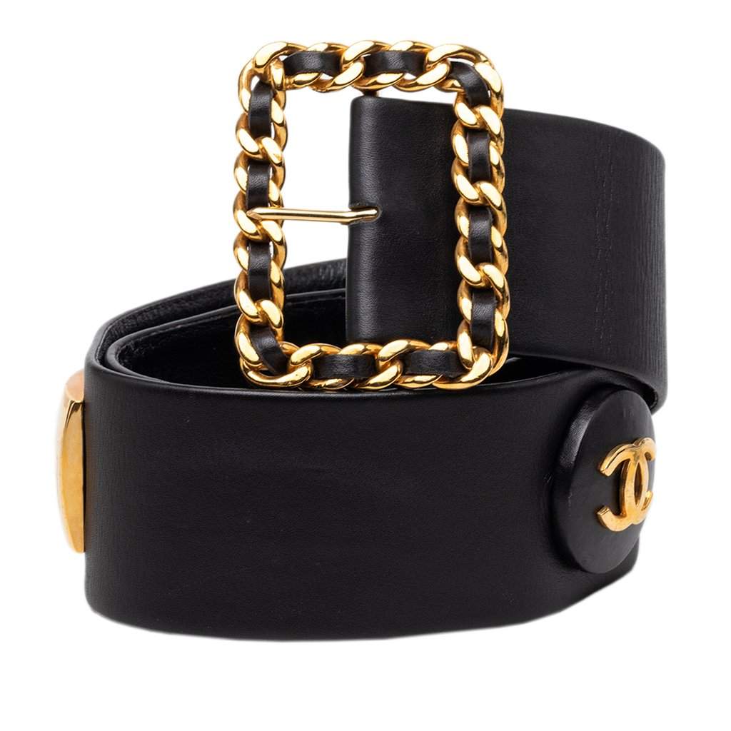 Chanel CC Lambskin Chain Buckle Charm Belt Black Leather Very good - Front View
