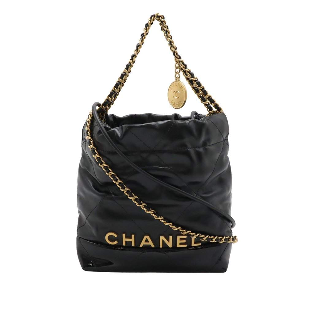 Chanel Mini Shiny Calfskin and Patent 22 Handbag Black Leather Very good - Front View