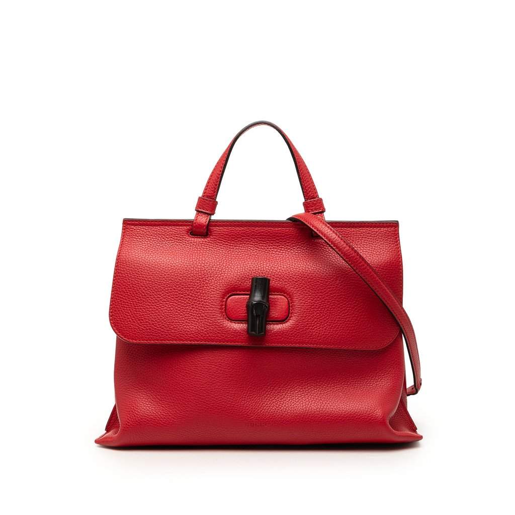 Gucci Medium Calfskin Bamboo Daily Satchel Red Leather Very good - Front View