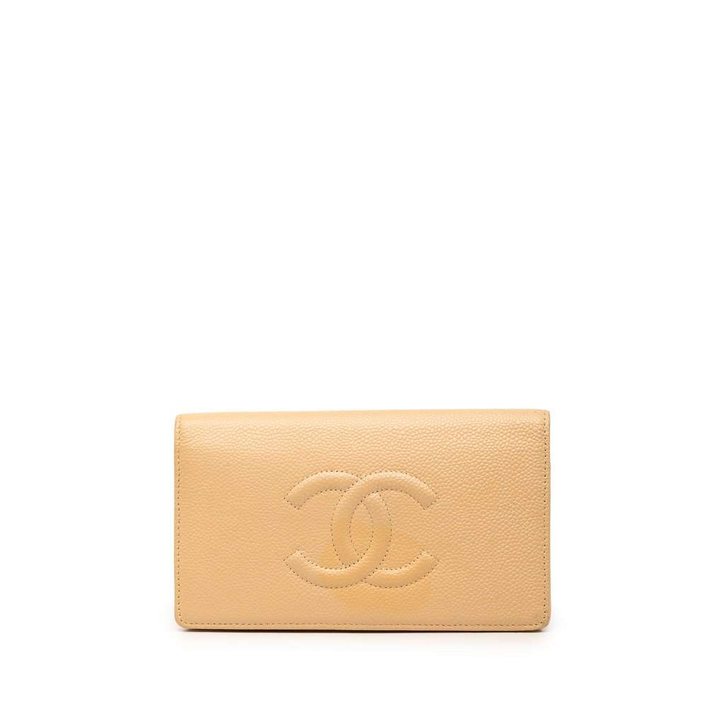 Chanel CC Caviar Bifold Long Wallet Beige Leather Very good - Front View