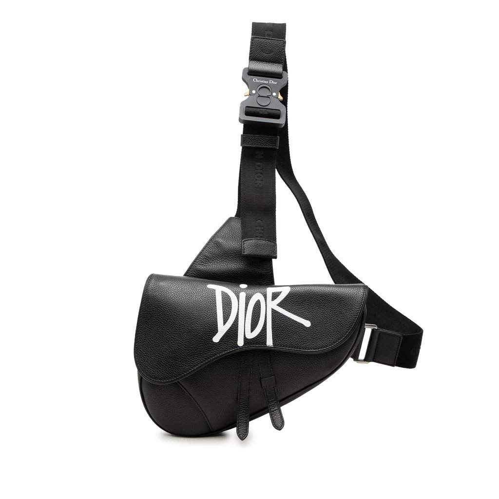 Dior Shawn Stussy Grained Calfskin Saddle Bag Black Leather Very good - Front View