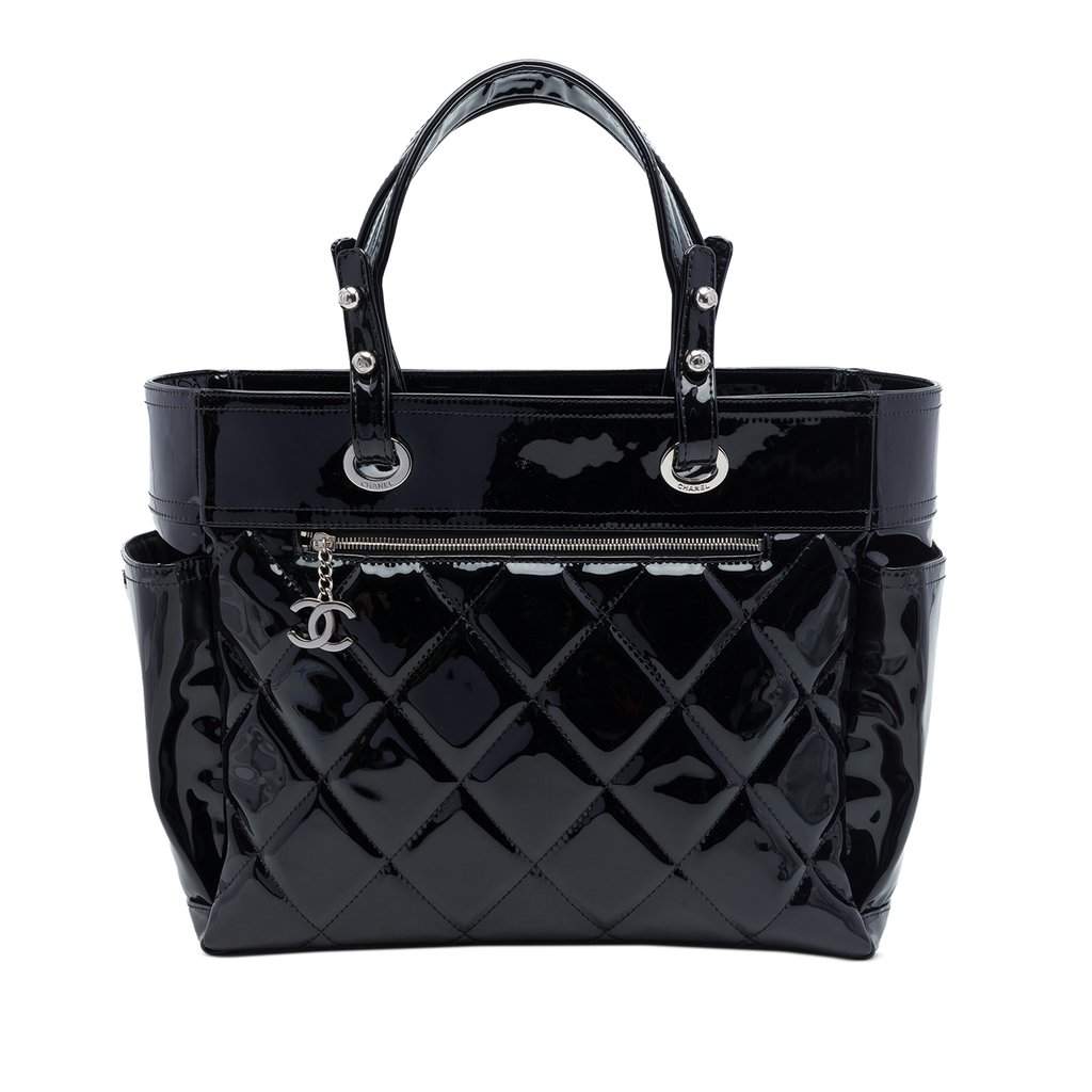 Chanel Large Quilted Patent Paris Biarritz Tote Black Leather Very good - Front View