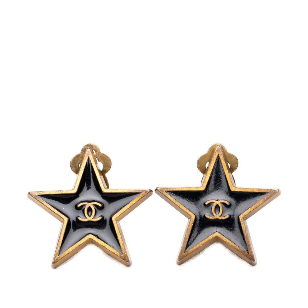Chanel CC Gold Plated Enamel Star Clip On Earrings Black Metal Very good condition - Front View
