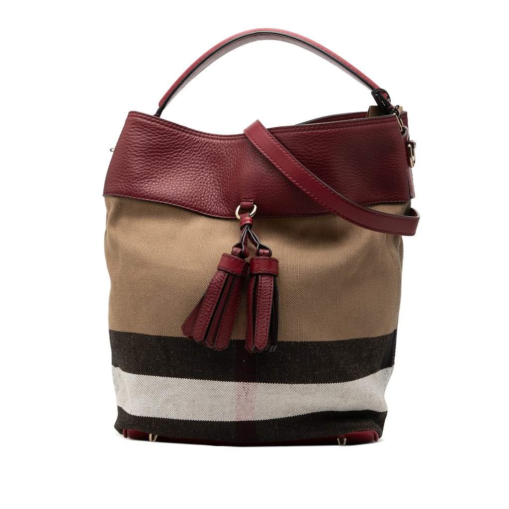 Burberry Medium Mega Check Canvas and Grained Calfskin Ashby Tassel Bucket Bag Brown Very good - Front View