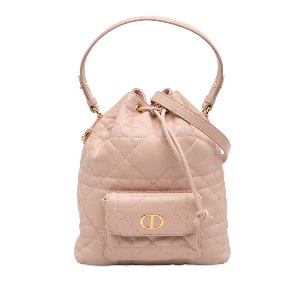 Dior Small Lambskin Macrocannage Caro Bucket Bag Brown Leather Very good - Front View