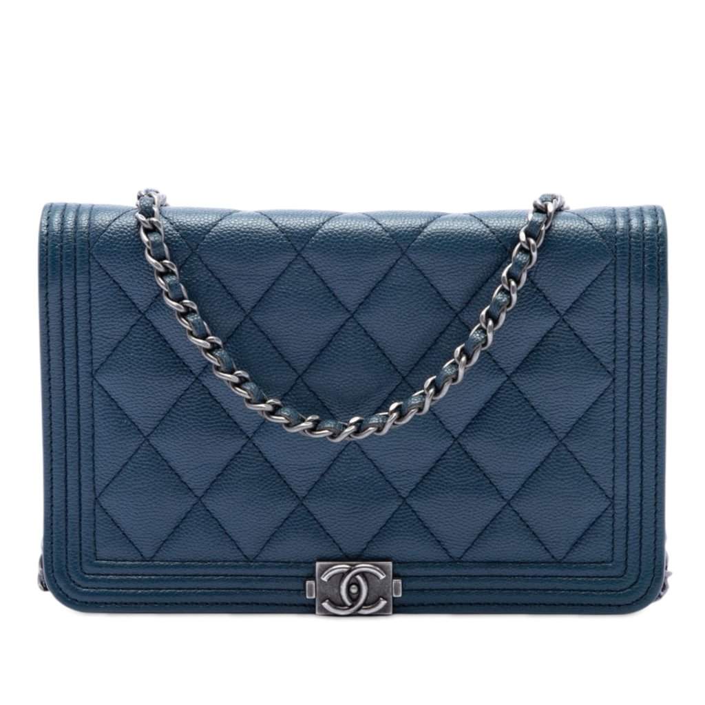 Chanel Quilted Caviar Boy Wallet on Chain Blue Leather Very good - Front View
