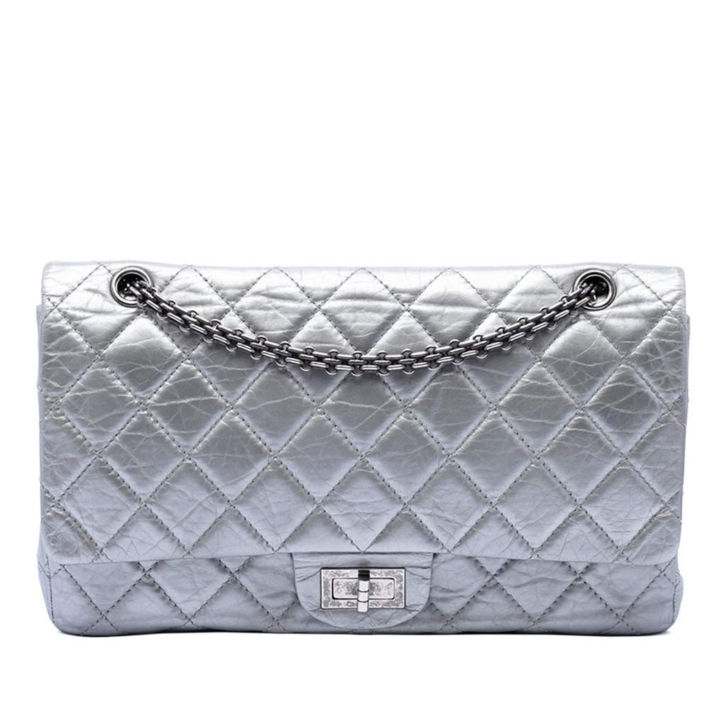 Chanel Quilted Metallic Aged Calfskin Reissue 2.55 Double Flap 227 Silver Leather Very good - Front View