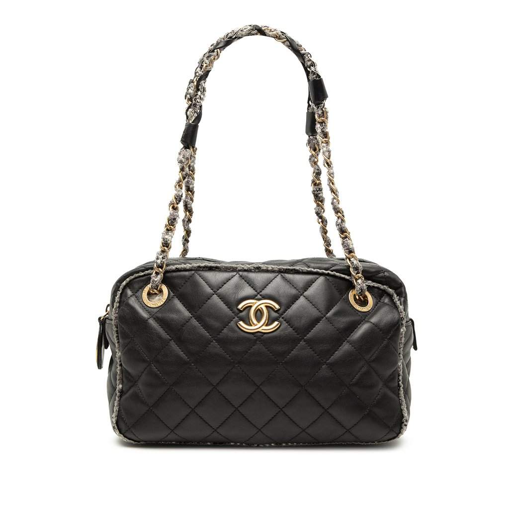 Chanel CC Quilted Lambskin Tweedy Bowler Bag Black Leather Very good condition - Front View