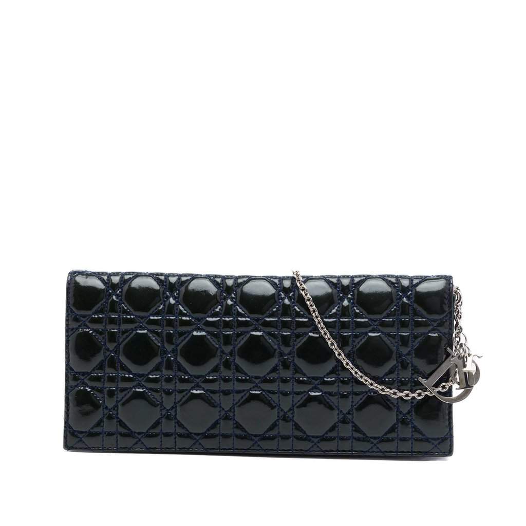 Dior Patent Cannage Lady Dior Clutch with Chain Black Leather Very good condition - Front View