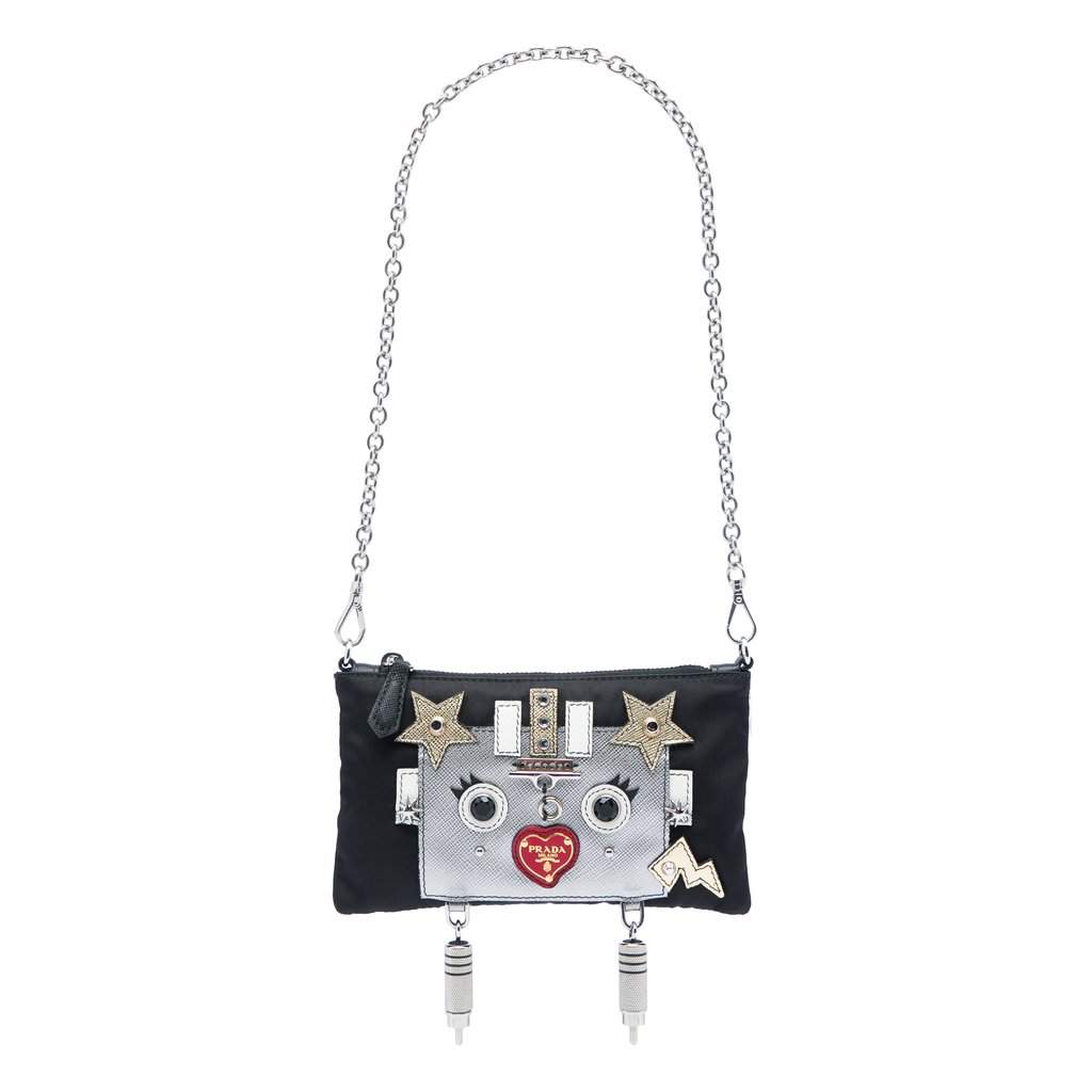 Prada Tessuto Saffiano Robot Chain Shoulder Bag Black Very good - Front View