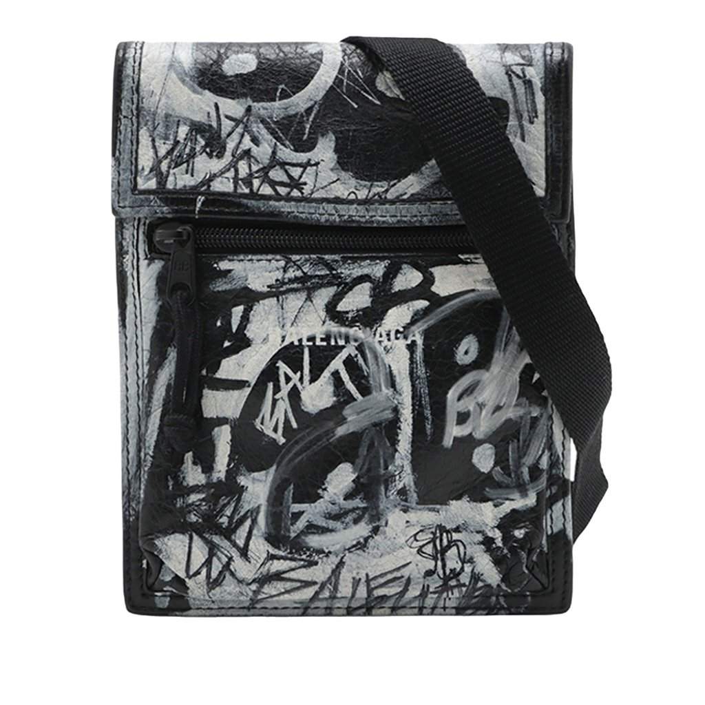 Balenciaga Small Lambskin Graffiti Explorer Crossbody Black Leather Very good condition - Front View