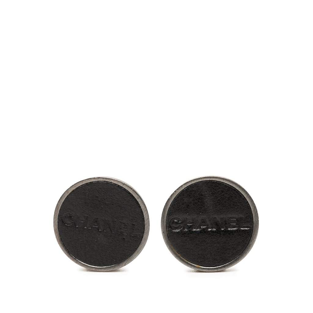 Chanel Brass Leather Logo Clip On Earrings Silver Metal Very good condition - Front View