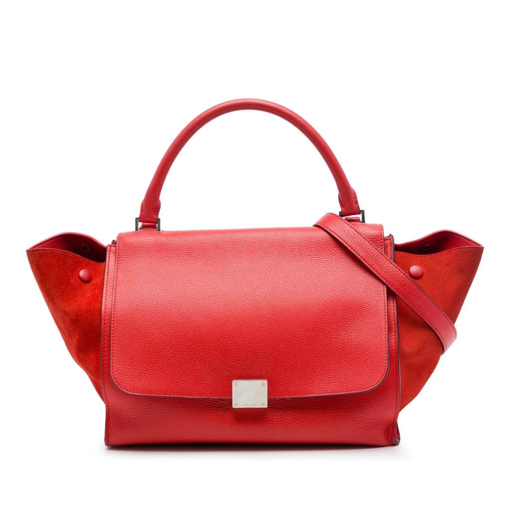 Celine Medium Drummed Calfskin and Suede Trapeze Satchel Red Leather Very good - Front View