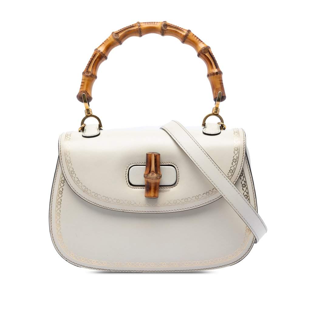 Gucci Calfskin Frame Print Bamboo Top Handle Bag White Leather Very good condition - Front View