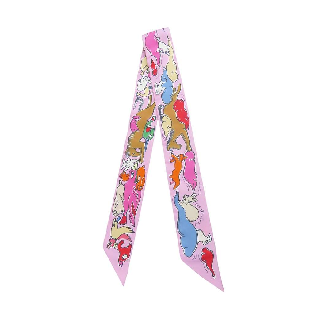 Hermès Mille Et Un Lapins Silk Twilly Scarf Pink Never worn - Front View