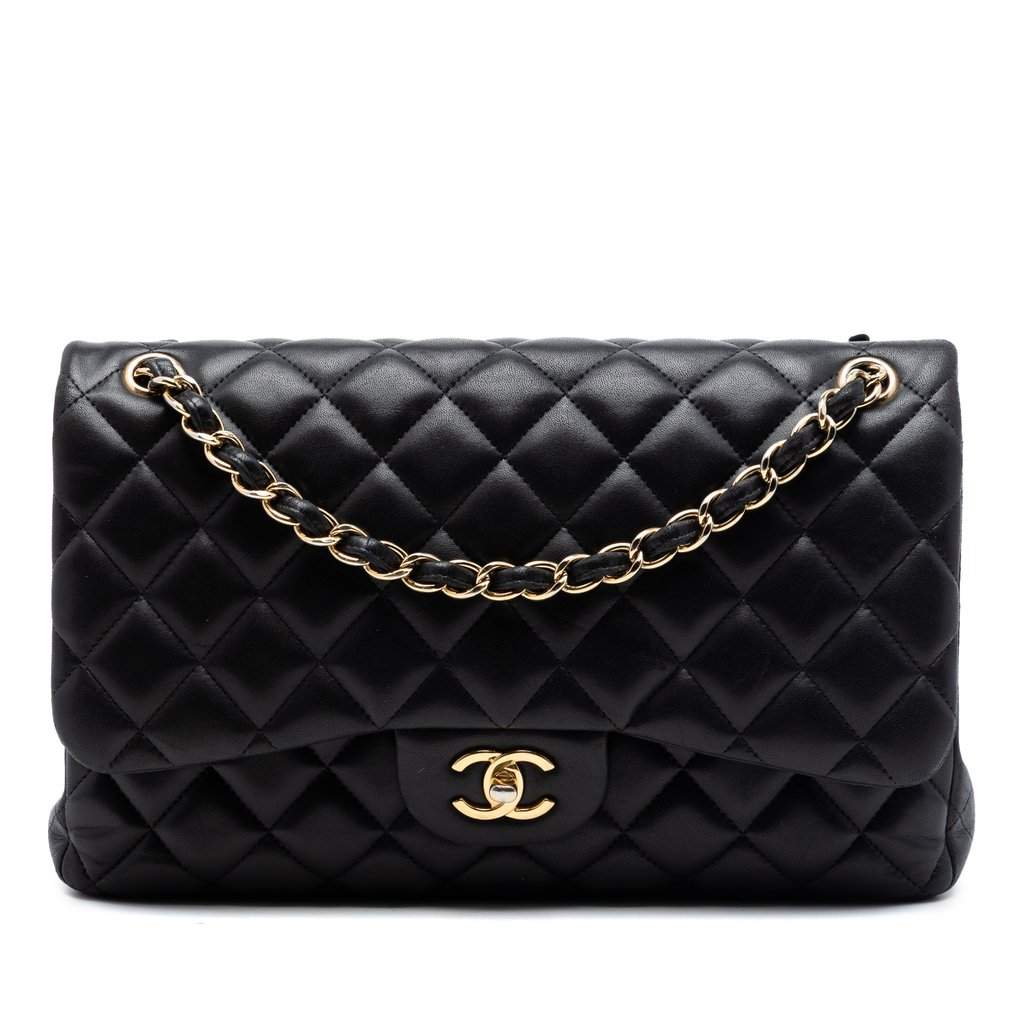 Chanel Jumbo Classic Lambskin Double Flap Black Leather Very good - Front View
