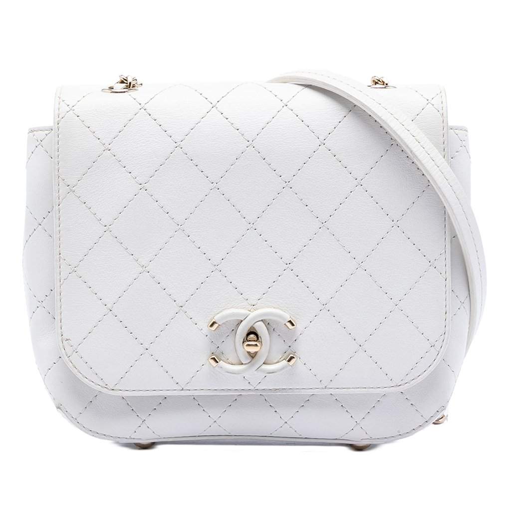 Chanel Small Stitched Calfskin Covered CC Flap White Leather Very good condition - Front View