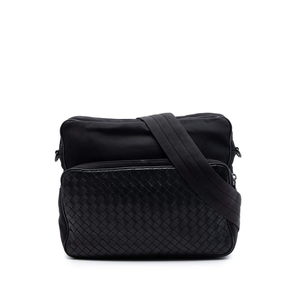 Bottega Veneta Nappa Intrecciato Trimmed Canvas Messenger Bag Black Leather Very good condition - Front View