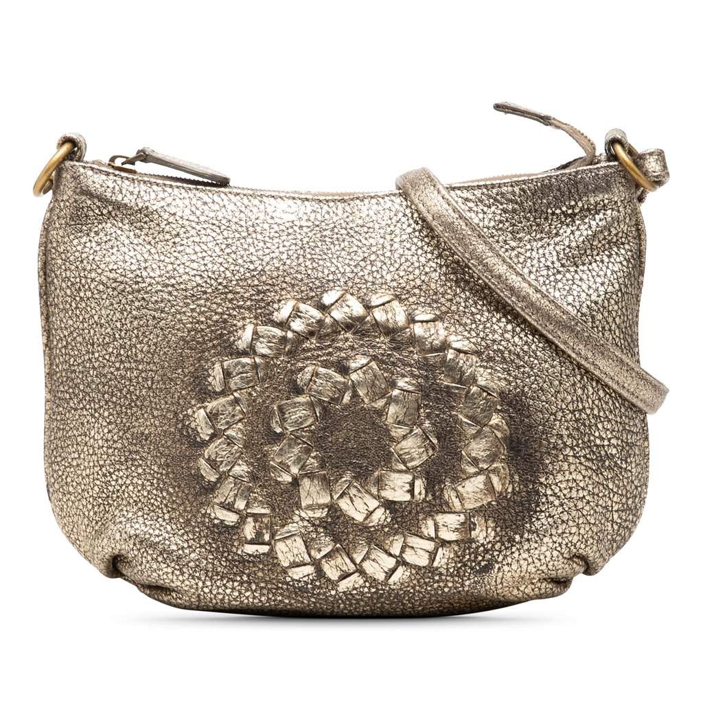 Bottega Veneta Metallic Intrecciato Trimmed Cervo Deerskin Illusion Shoulder Bag Gold Leather Very good - Front View