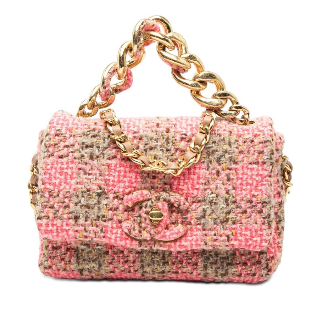 Chanel Small Quilted Wool Tweed Elegant Chain Flap Pink Very good condition - Front View