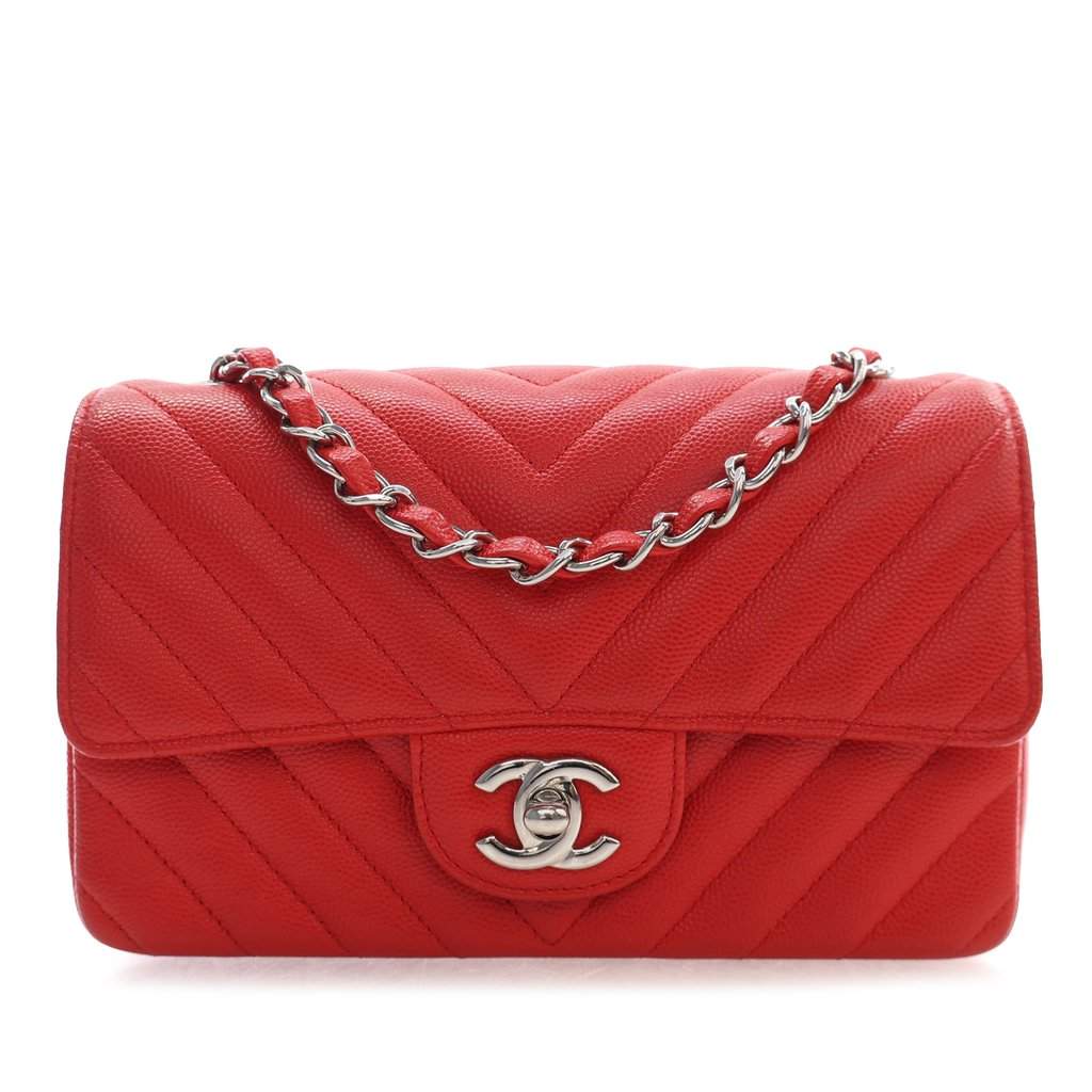Chanel Mini Rectangular Classic Chevron Caviar Single Flap Red Leather Very good condition - Front View