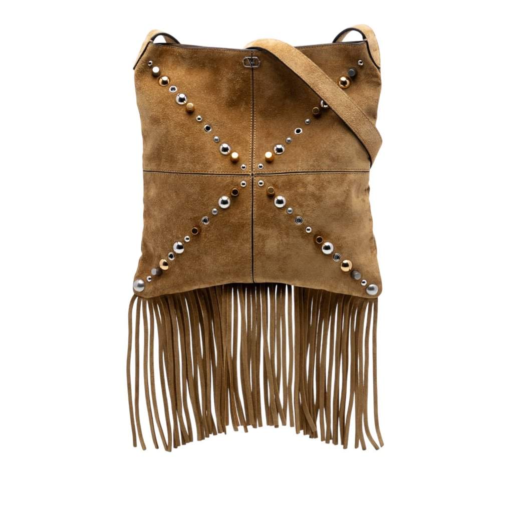 Valentino Suede Studded Nellcote Fringe Crossbody Brown Leather Very good condition - Front View