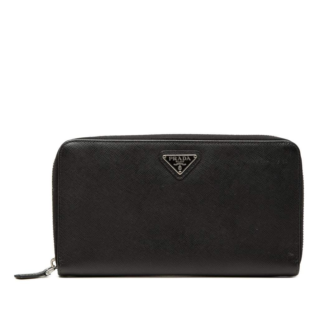 Prada Saffiano Zip Around Travel Wallet Black Leather Very good condition - Front View