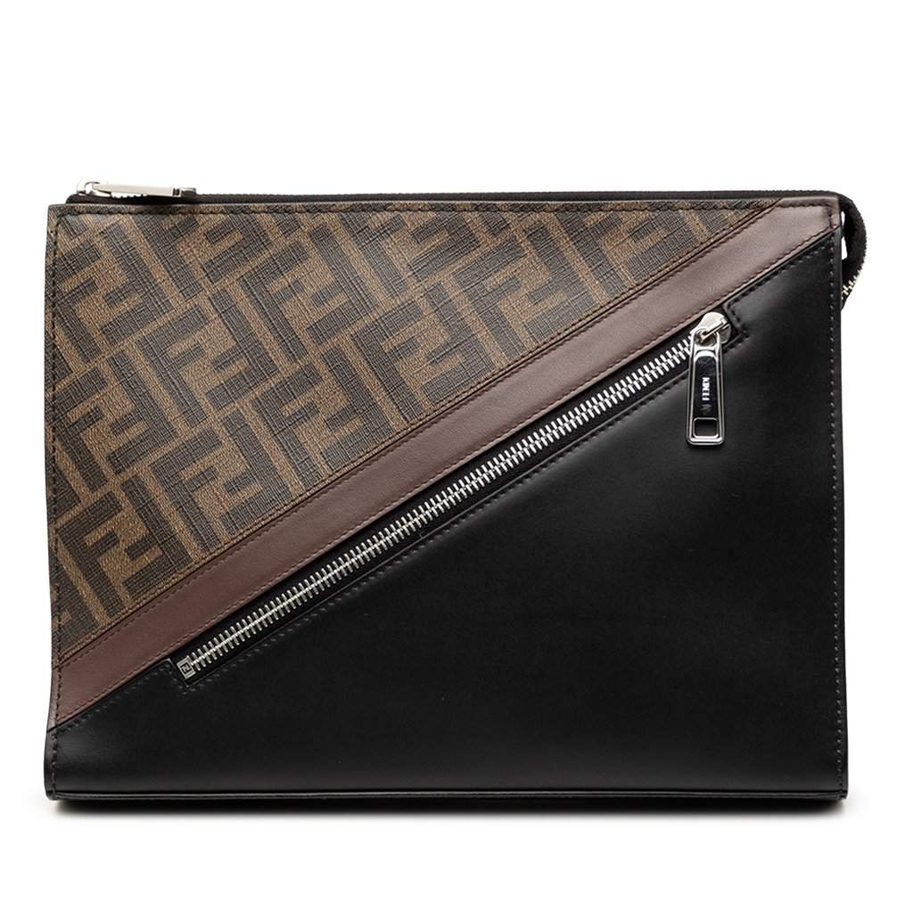 Fendi Zucca Coated Canvas Diagonal Front Zip Clutch Brown Very good condition - Front View