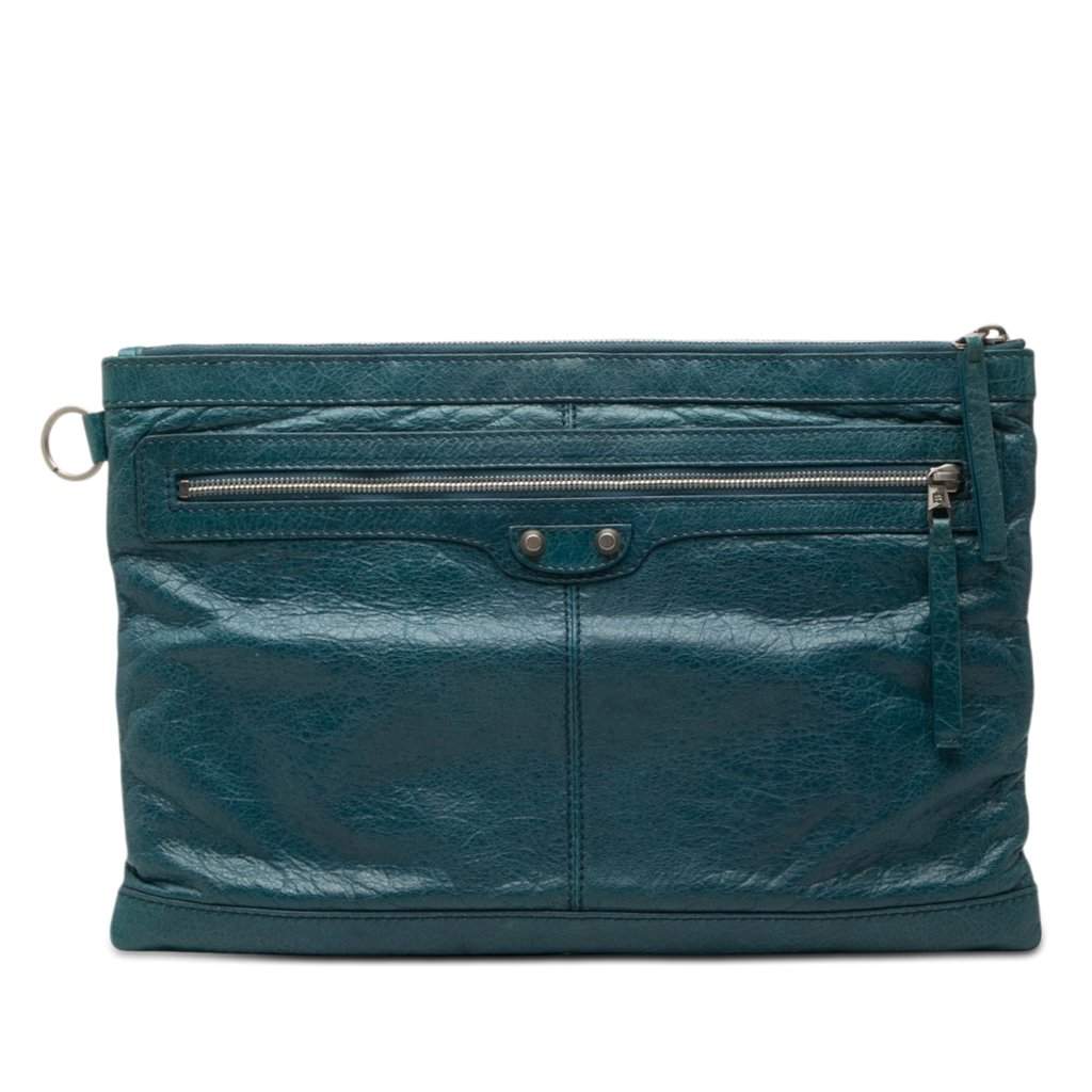 Balenciaga Lambskin Motocross Classic Clip Clutch L Blue Leather Very good - Front View
