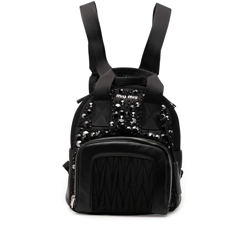 Miu Miu Leather Trimmed Matelasse Crystal Embellished Nylon Backpack Black Very good condition - Front View