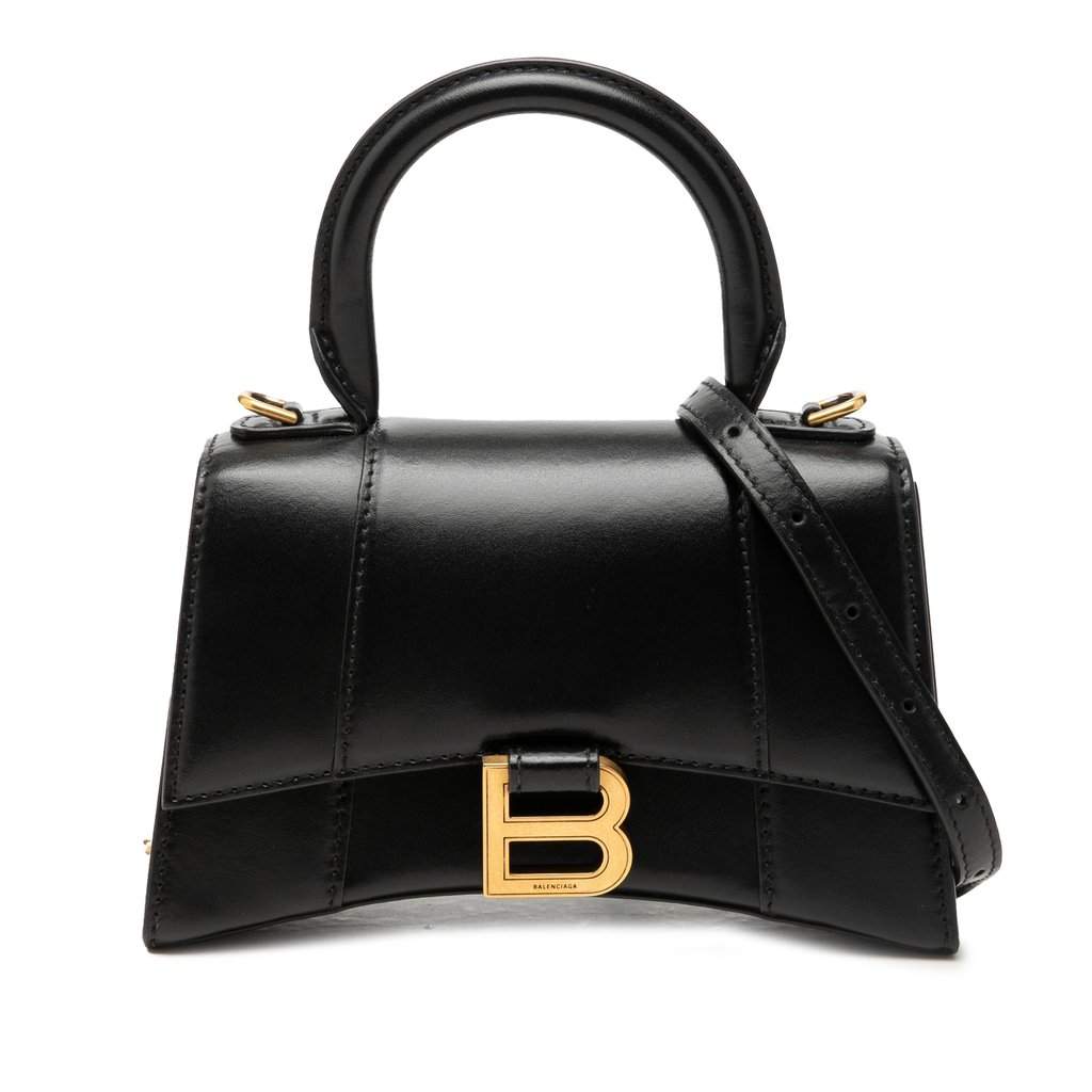 Balenciaga Small Shiny Box Calfskin Hourglass Top Handle Bag Black Leather Very good - Front View