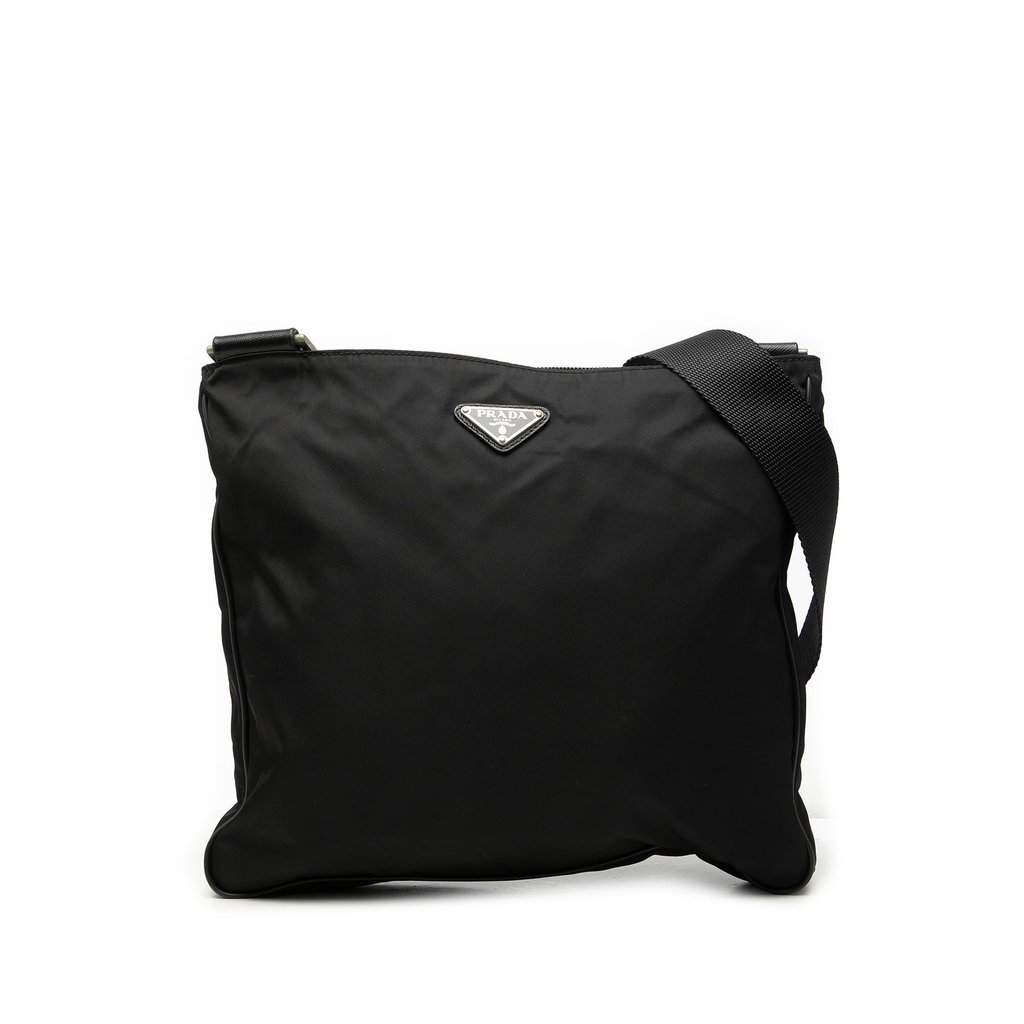 Prada Saffiano Trimmed Tessuto Zip Top Crossbody Black Good - Front View