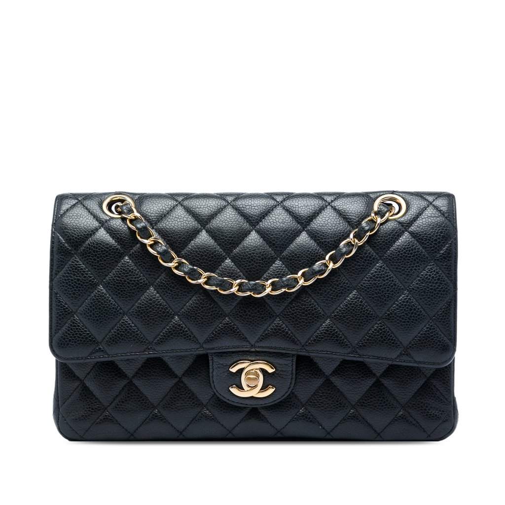 Chanel Medium Classic Caviar Double Flap Black Leather Very good - Front View