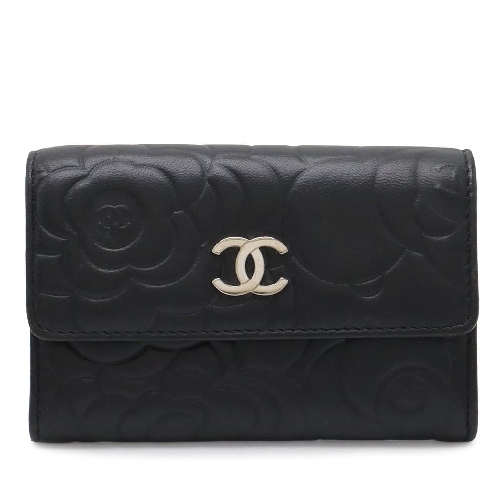 Chanel CC Embossed Leather Camellia Card Holder Black Leather Very good - Front View