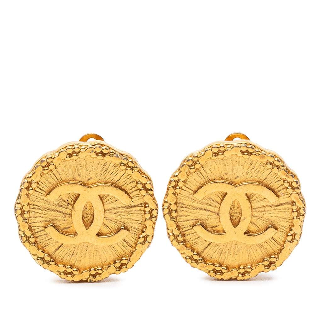 Chanel CC Gold Plated Sunburst Round Clip On Earrings Gold Metal Very good - Front View