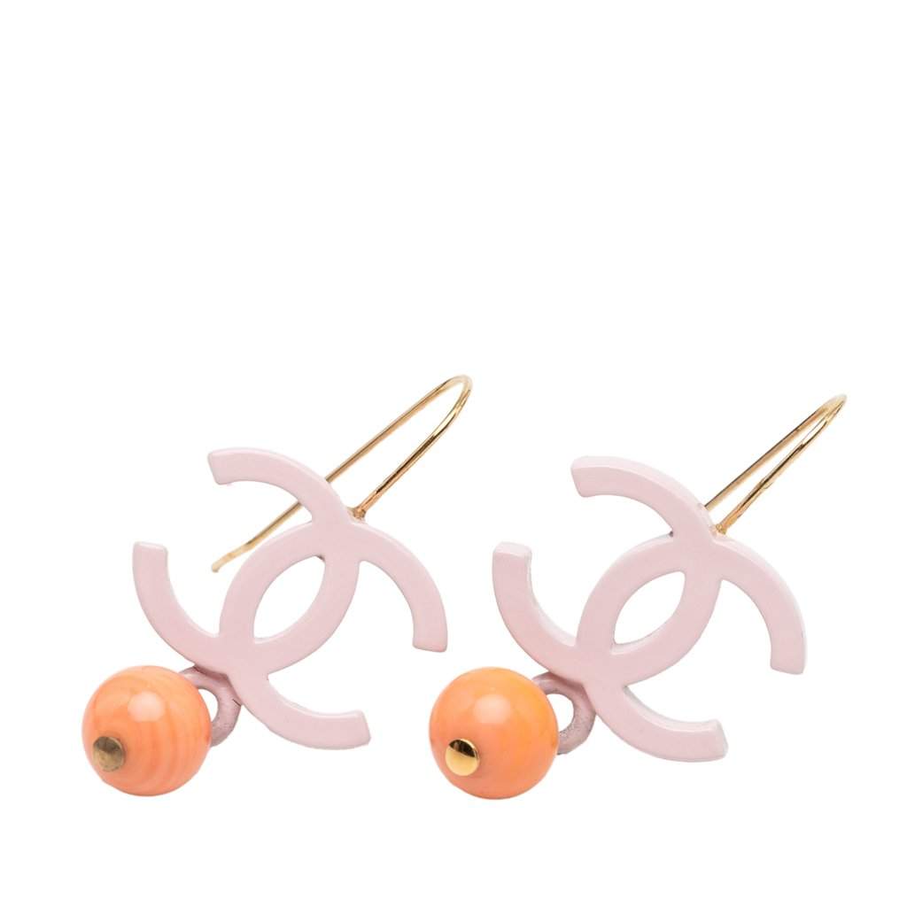 Chanel CC Gold Plated Resin Bead Drop Fish Hook Earrings Pink Plastic Very good condition - Front View