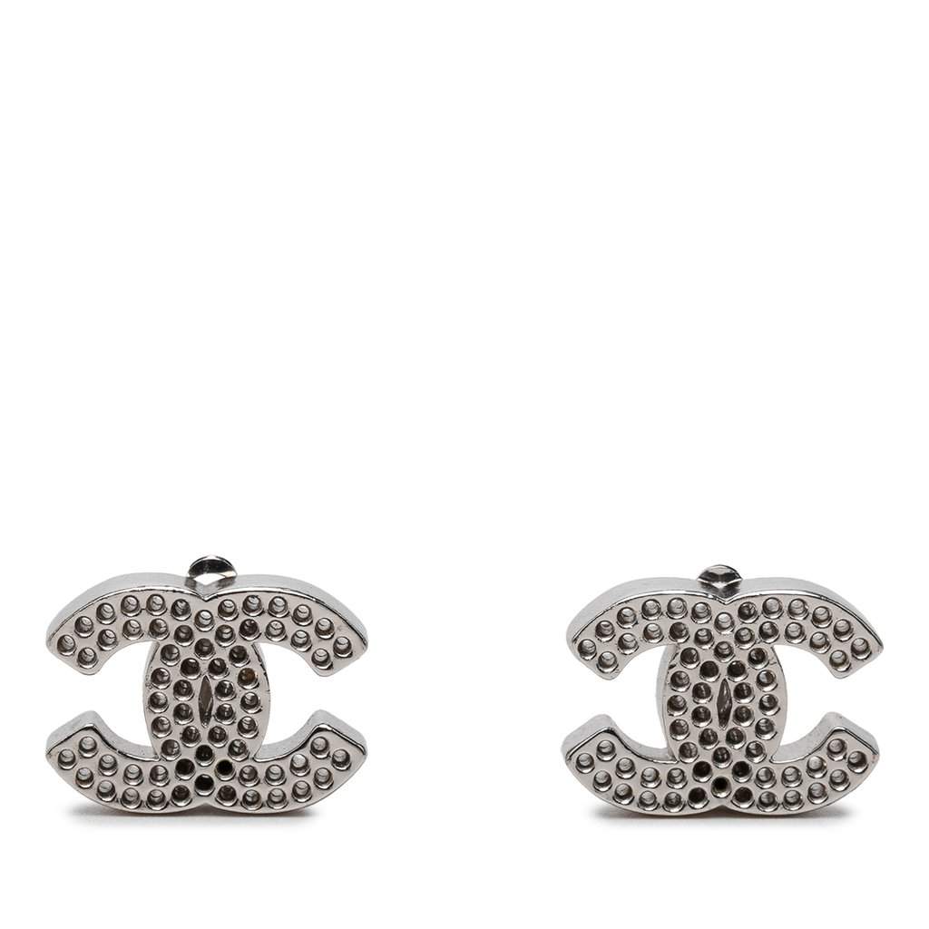 Chanel CC Brass Perforated Clip On Earrings Silver Metal Very good condition - Front View